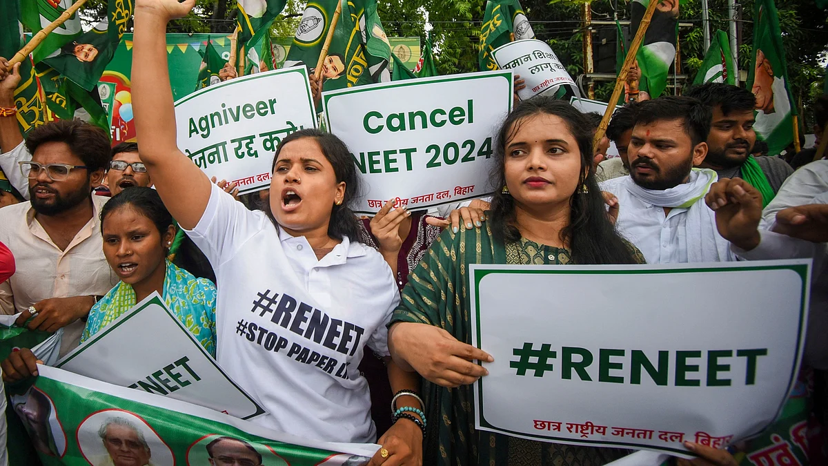 Agitators at a protest over alleged irregularities in NEET-UG 2024 