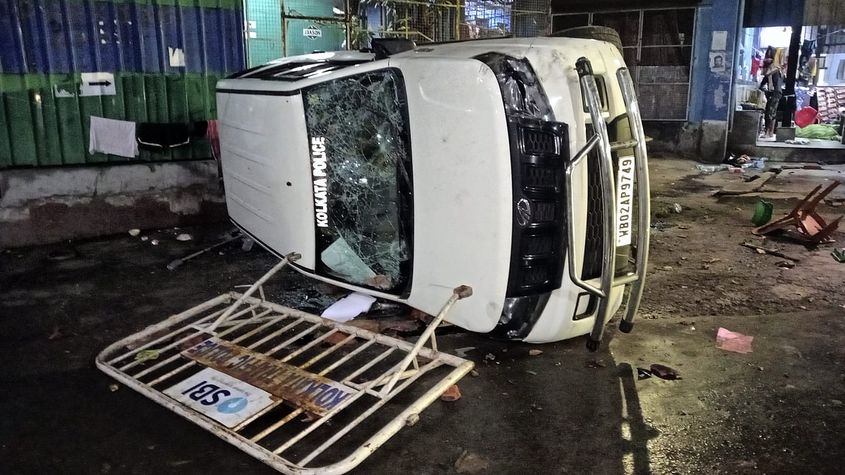 A damaged police vehicle on 15 August