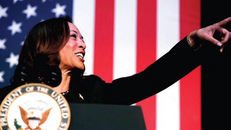 US Vice President Kamala Harris at an event in Kalamazoo, Michigan, July 2024.