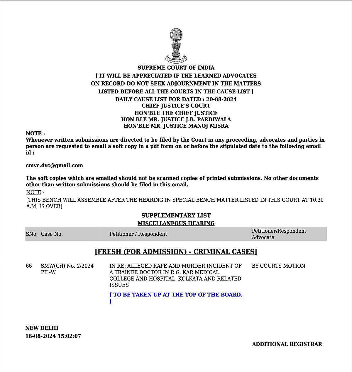 SC takes cognisance of Kolkata rape-murder incident, hearing on Aug 20