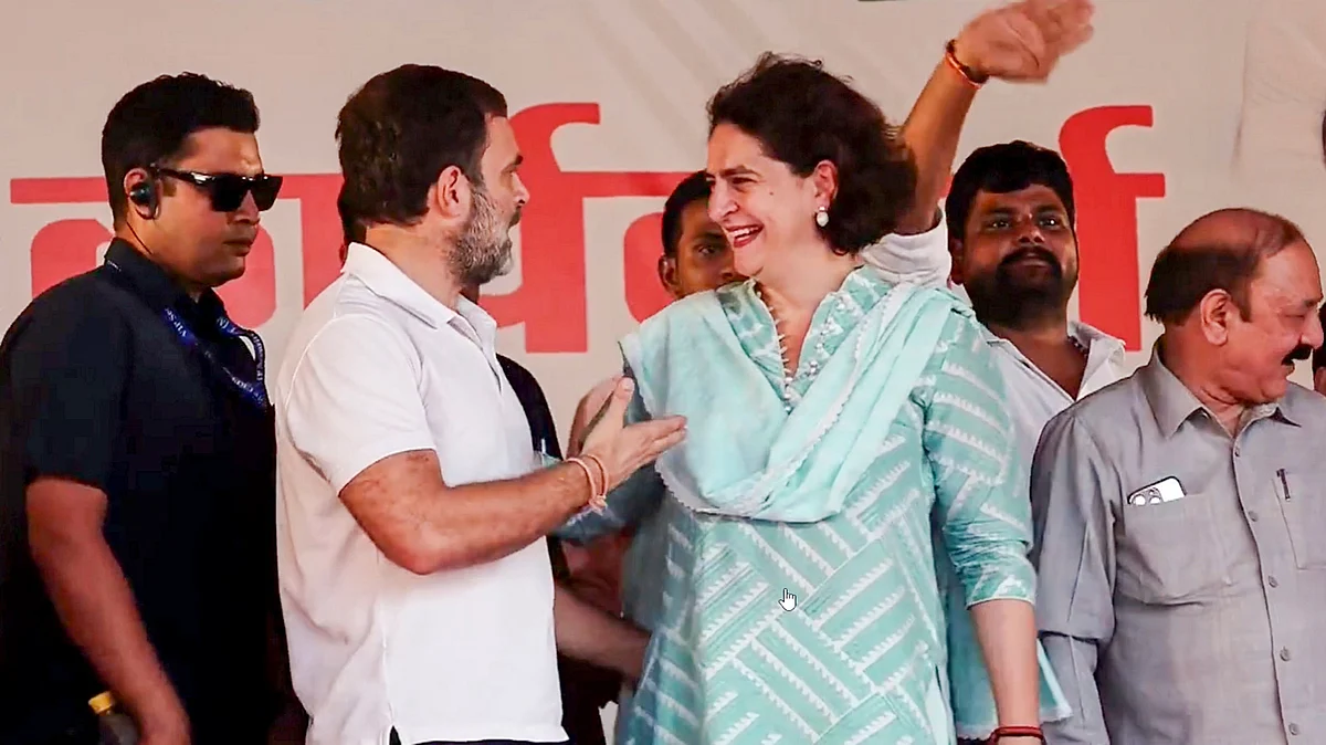 Rahul Gandhi (in white), Priyanka Gandhi Vadra in Rae Bareli (photo: PTI)