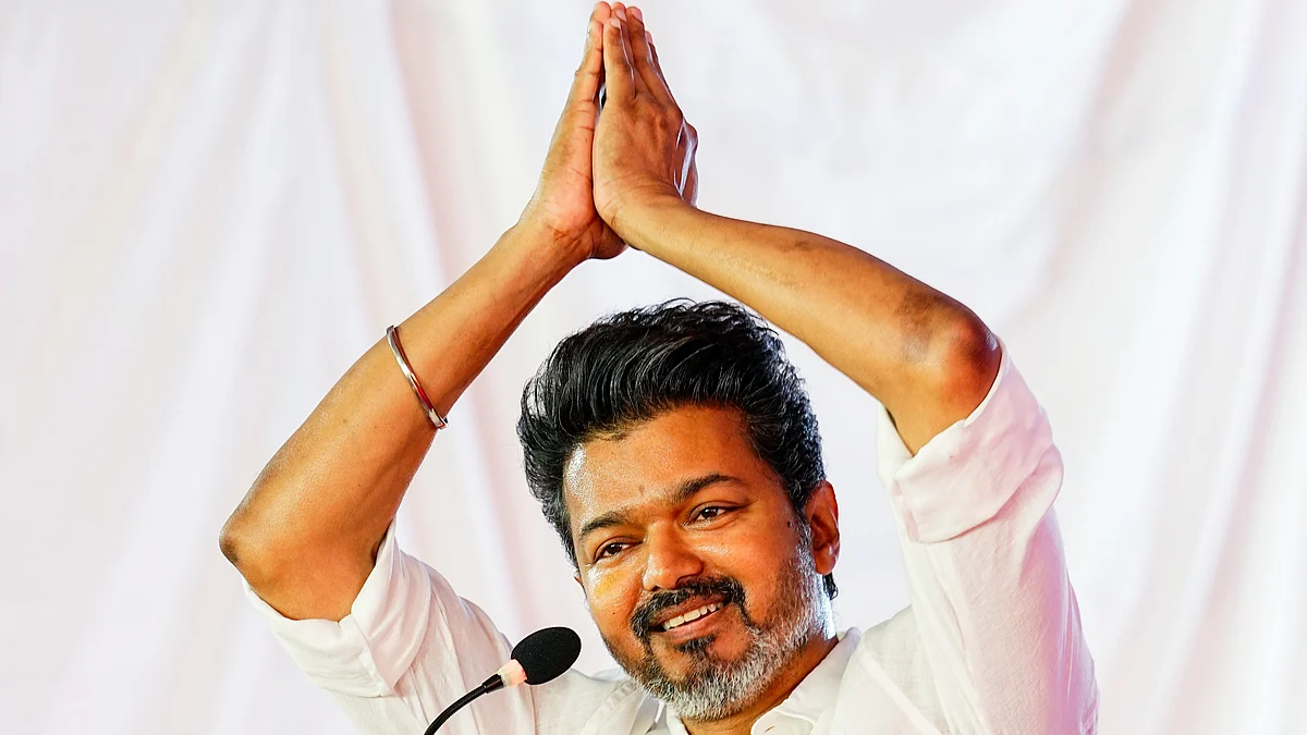 Actor and TVK president Vijay at his new party's headquarters (photo: PTI)