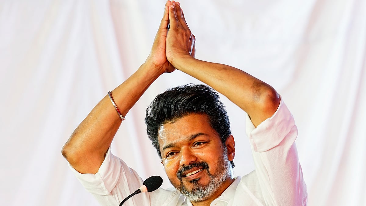 Actor and TVK president Vijay at his new party's headquarters (photo: PTI)