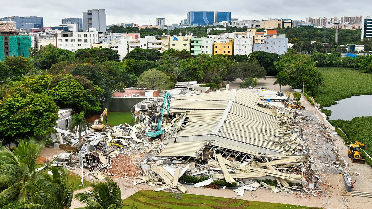 The N-Convention centre being demolished in Hyderabad on 24 August (photo: PTI)