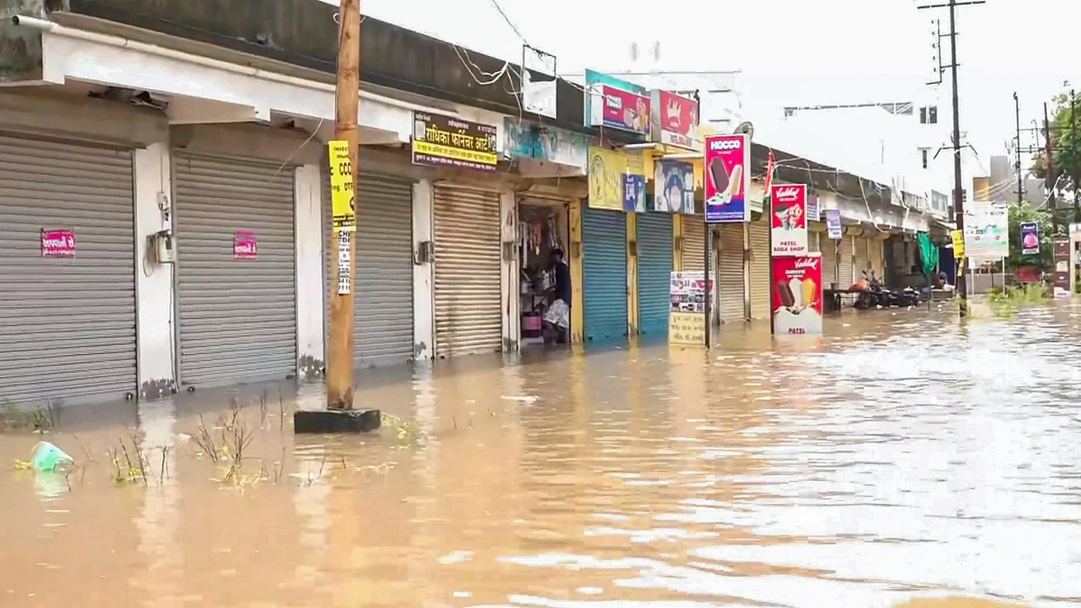Gujarat: A partially submerged market area following heavy rainfall, in Vadodara