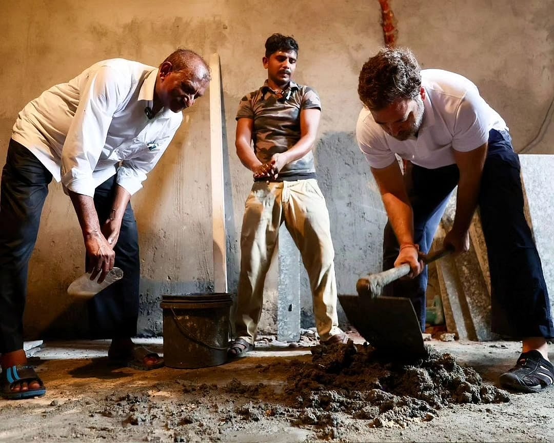 Rahul Gandhi gets to mixing cement with workmen