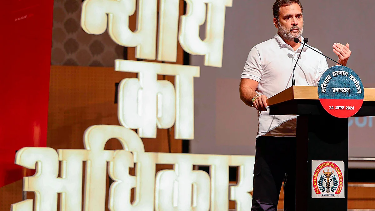 Rahul Gandhi addresses a gathering in Prayagraj on 24 August (photo: PTI)