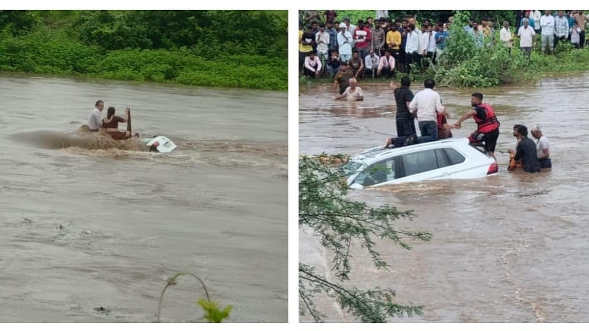 Couple spends two hours on roof of car swept away in river in Gujarat