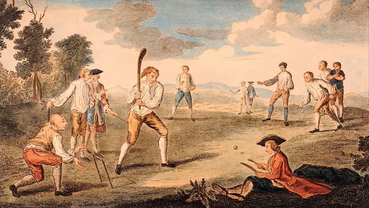 An 18th century painting of a game of cricket at Finsbury Park