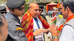 Defence Minister Rajnath Singh in J&K's Ramban on Sunday, 8 Sept 2024 (Photo: PTI)
