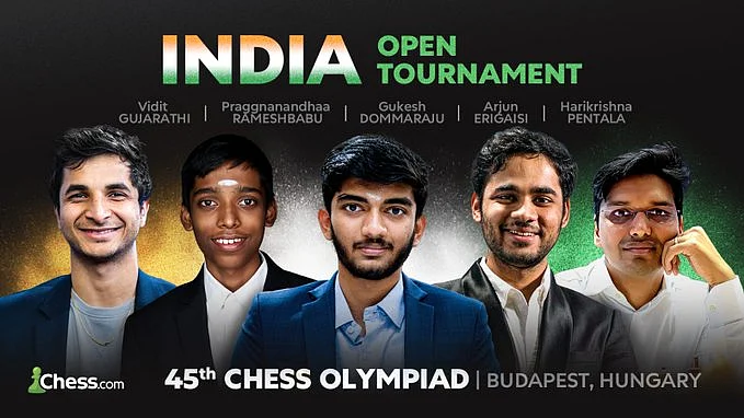 L-R: Gujrathi, Pragg, Gukesh, Erigaisi and Harikrishna for the Indian men's challenge