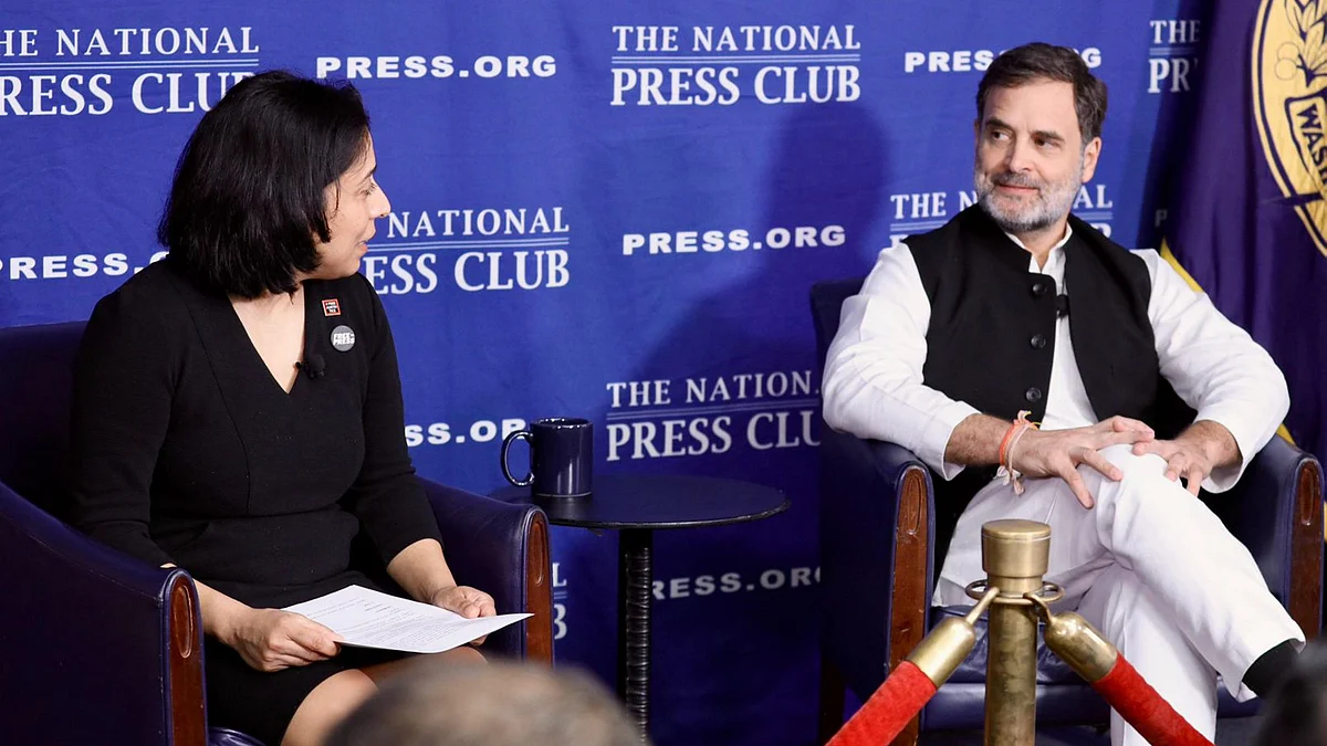 Rahul Gandhi during an interaction with the media at the National Press Club, in Washington DC
