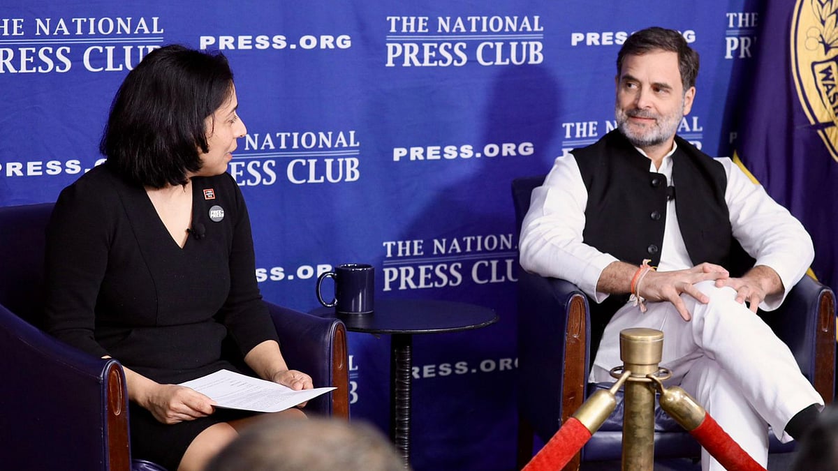 Rahul Gandhi during an interaction with the media at the National Press Club, in Washington DC