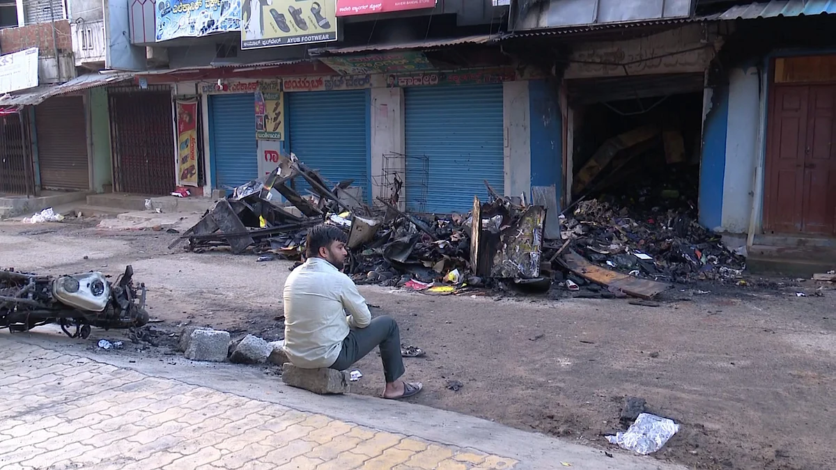 Mandya: Charred remains of goods at a market following clashes during a Ganesh Chaturthi procession