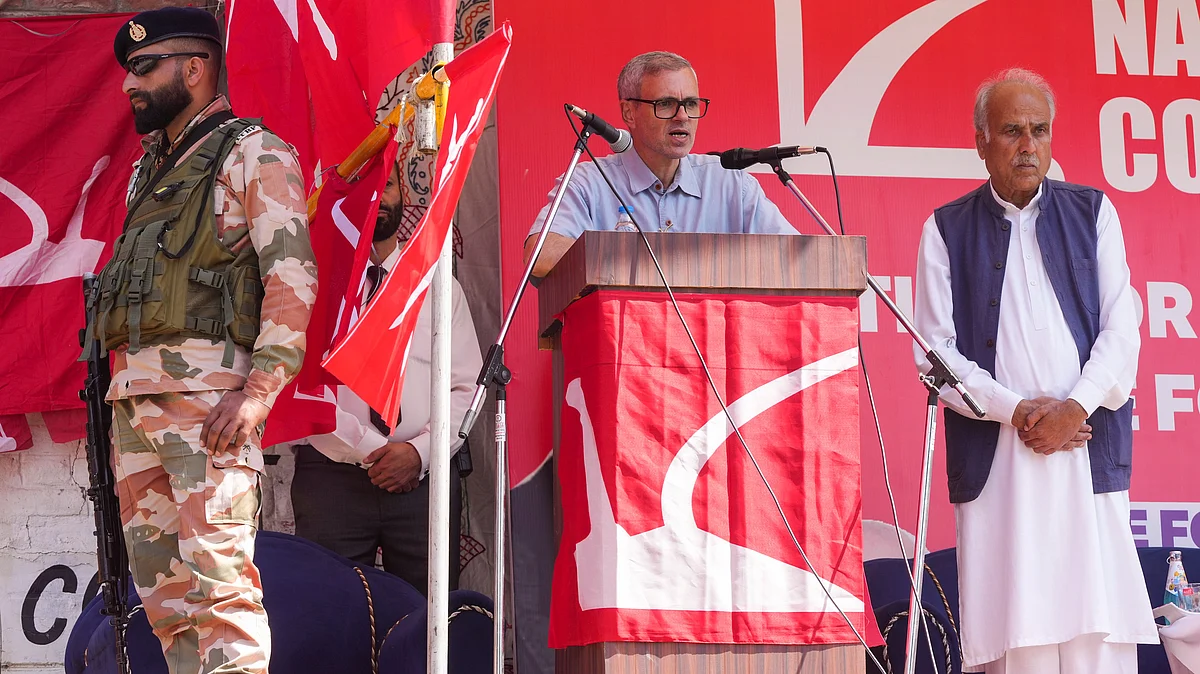Omar Abdullah attends a public meeting in Pulwama on 16 September (photo: PTI)
