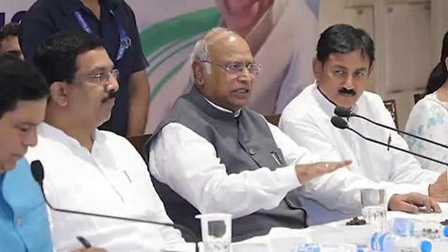 Congress president Mallikarjun Kharge addresses the media in Jammu on Saturday, 21 Sept. 2024