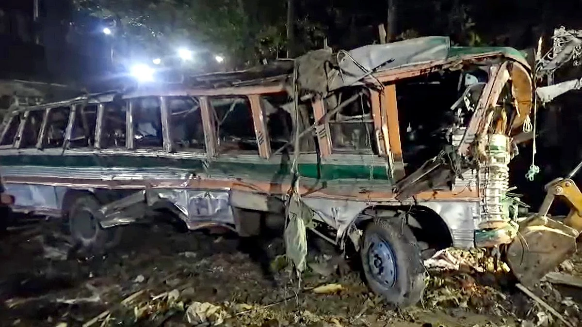 The damaged bus in Budgam district on 20 September (photo: PTI)
