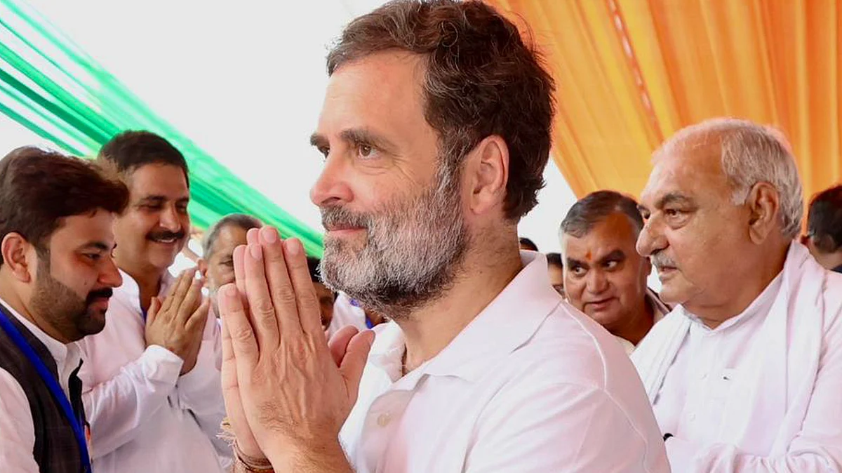 Rahul Gandhi during a public meeting in Hisar on 26 September (photo: PTI)