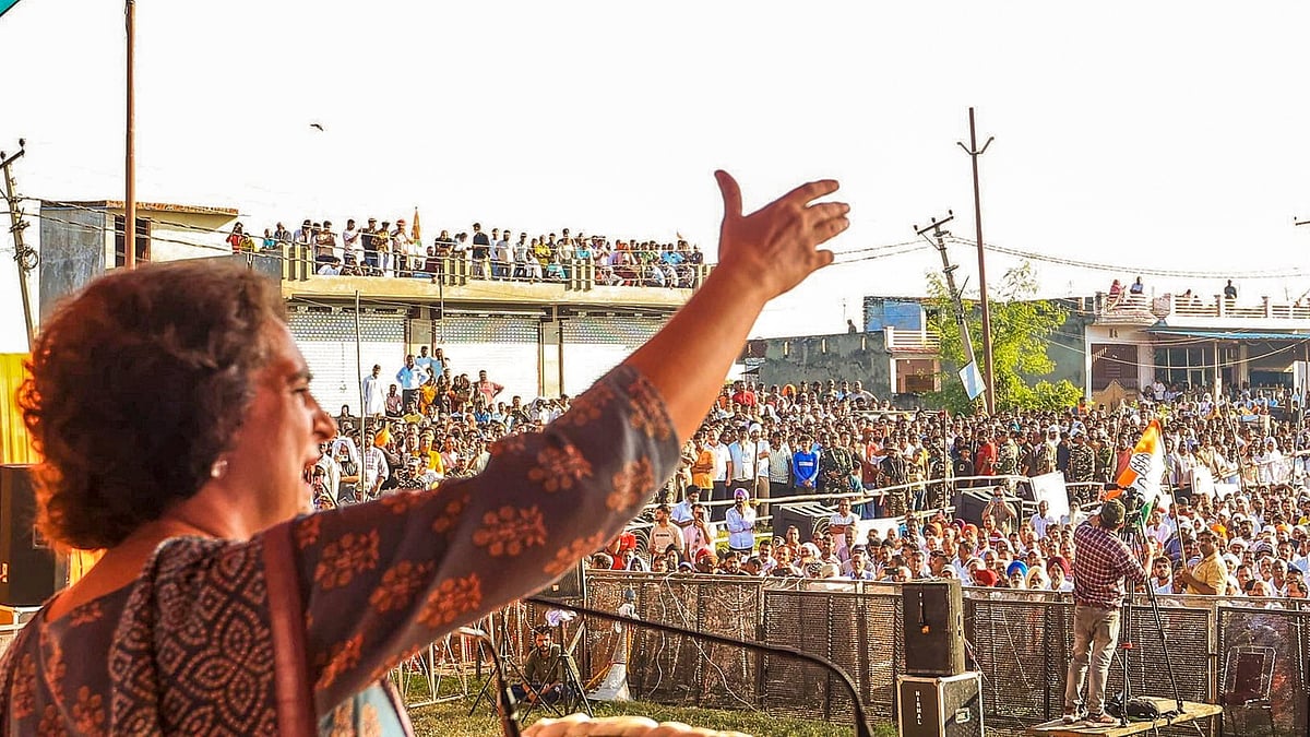 Priyanka Gandhi Vadra addresses a public meeting in Jammu on 28 September (photo: PTI)