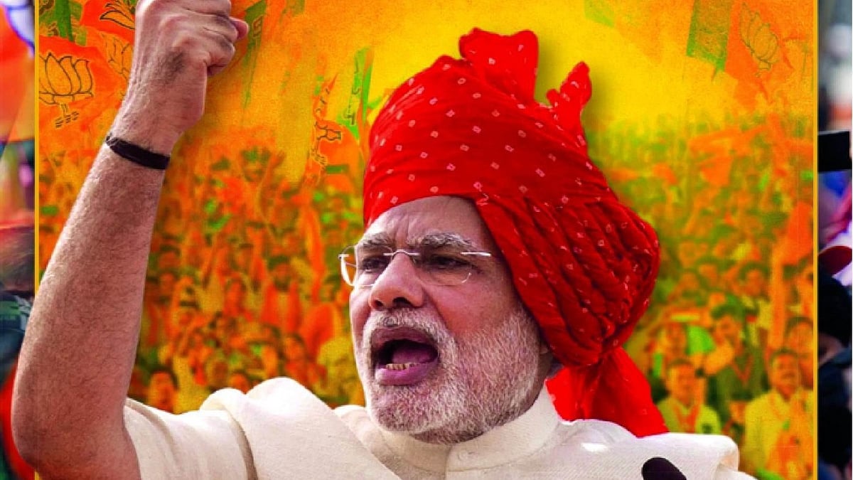 BJP Jammu & Kashmir's election campaign poster featuring Narendra Modi in a a militant mood