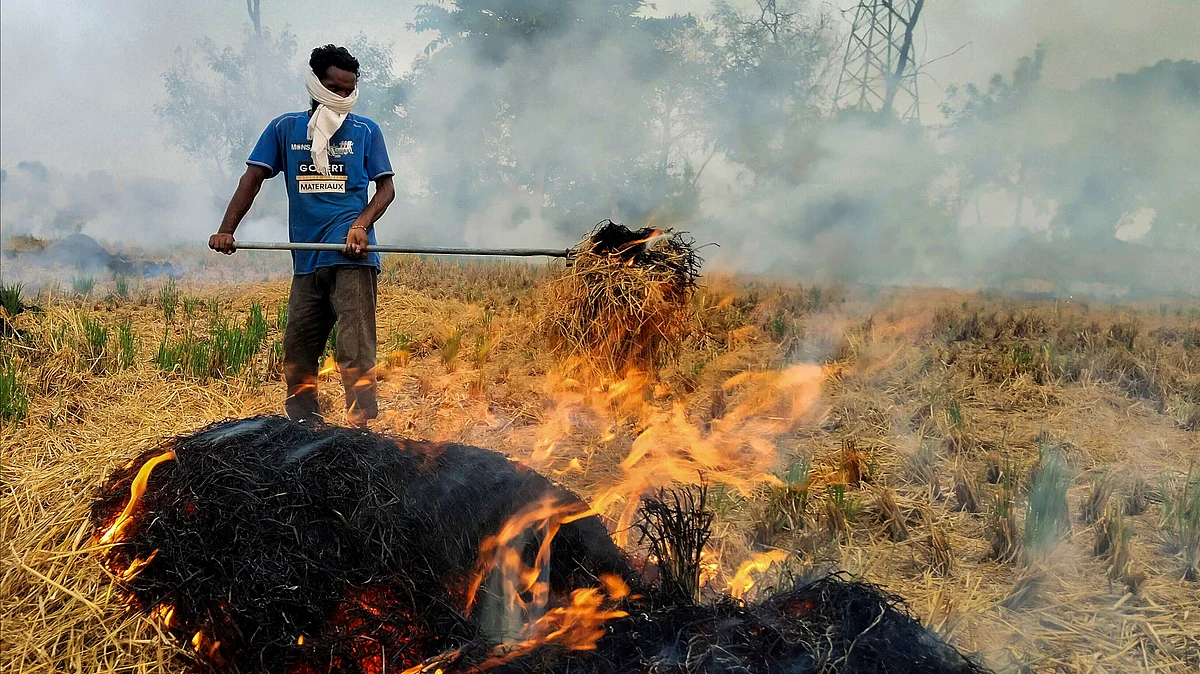A farmer burns straw stubble after harvest, on the outskirts of Amritsar
