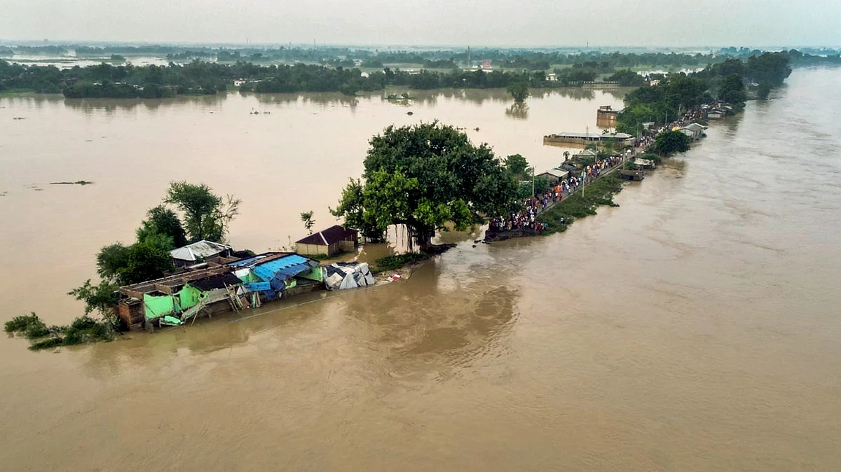 Aerial view of an inundated village, in Saharsa district of Bihar, 1 October 2024