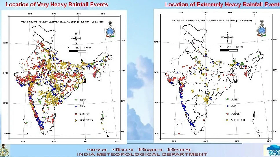 Maps showing areas of 'very heavy' and 'extremely heavy' rainfall from June to Sept 2024