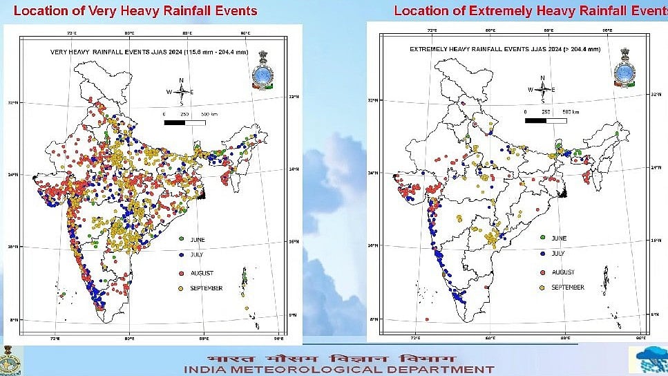 Maps showing areas of 'very heavy' and 'extremely heavy' rainfall from June to Sept 2024