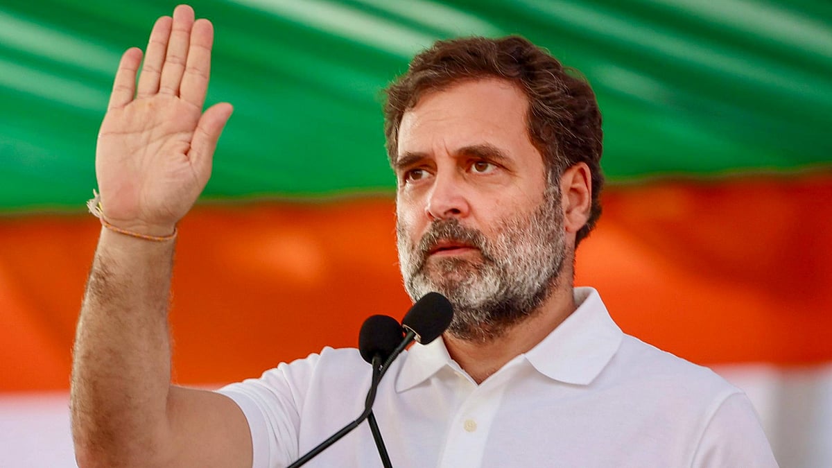 Rahul Gandhi addresses a public meeting in Thanesar on 30 September (photo: PTI)