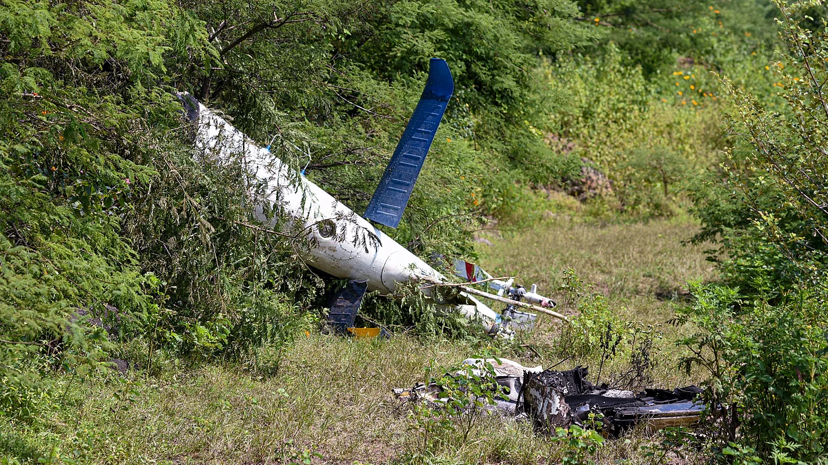 Wreckage of the helicopter in Pune on 2 October (photo: PTI)
