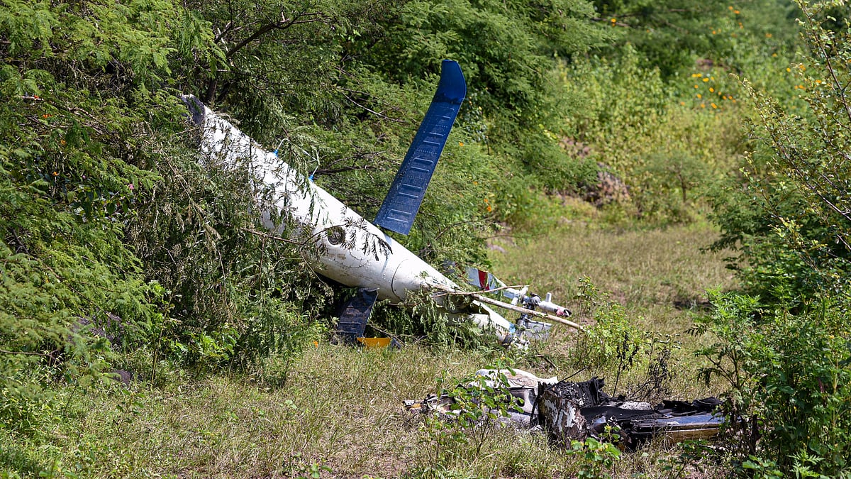 Wreckage of the helicopter in Pune on 2 October (photo: PTI)