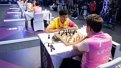 Vishy Anand (closer to camera) in action in the first edition of GCL in Dubai last year