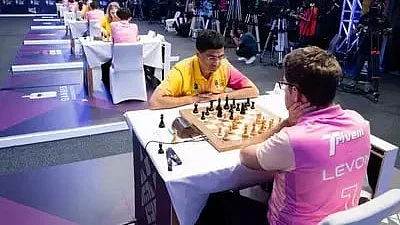 Vishy Anand (closer to camera) in action in the first edition of GCL in Dubai last year