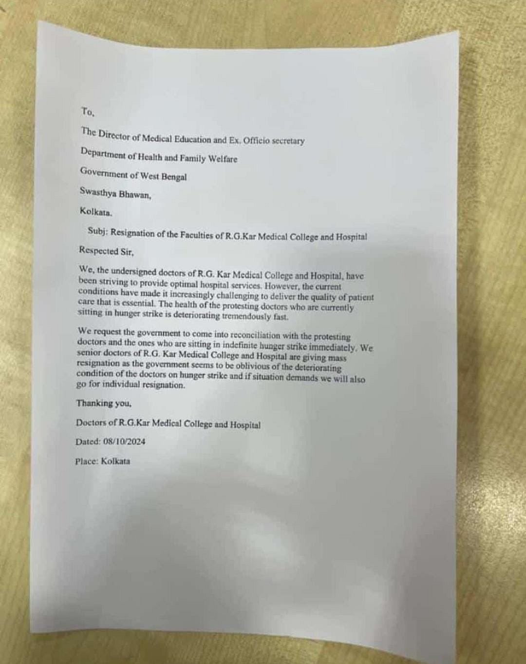 Letter of mass resignation by 'senior doctors' at RG Kar Medical College and Hospital