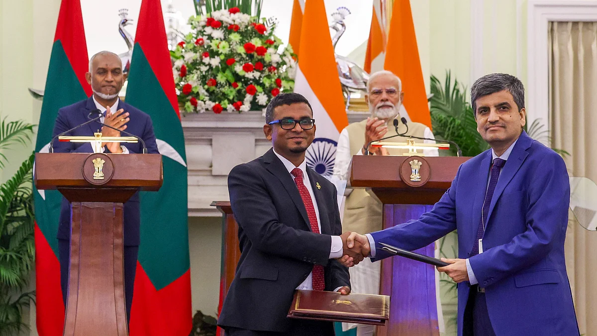 Maldives President Mohamed Muizzu during a banquet hosted by the President of India, Oct. 7