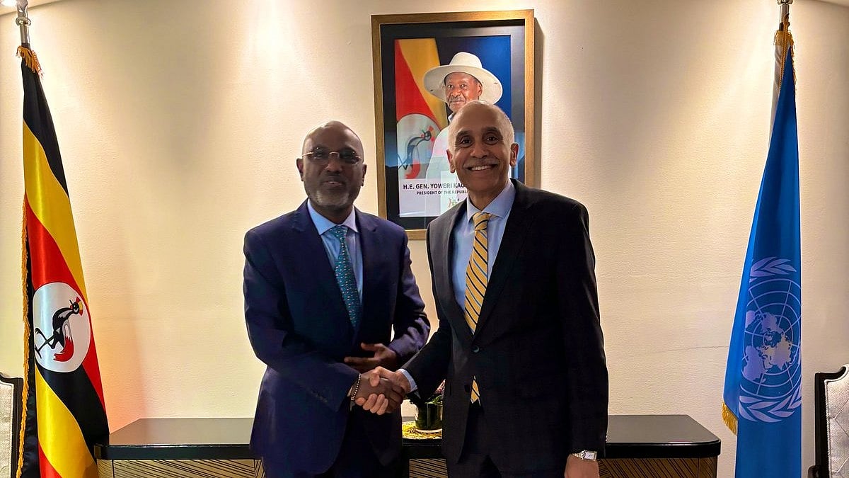 India's permanent representative to the UN, P. Harish (right), with Ugandan counterpart Adonia Ayebare