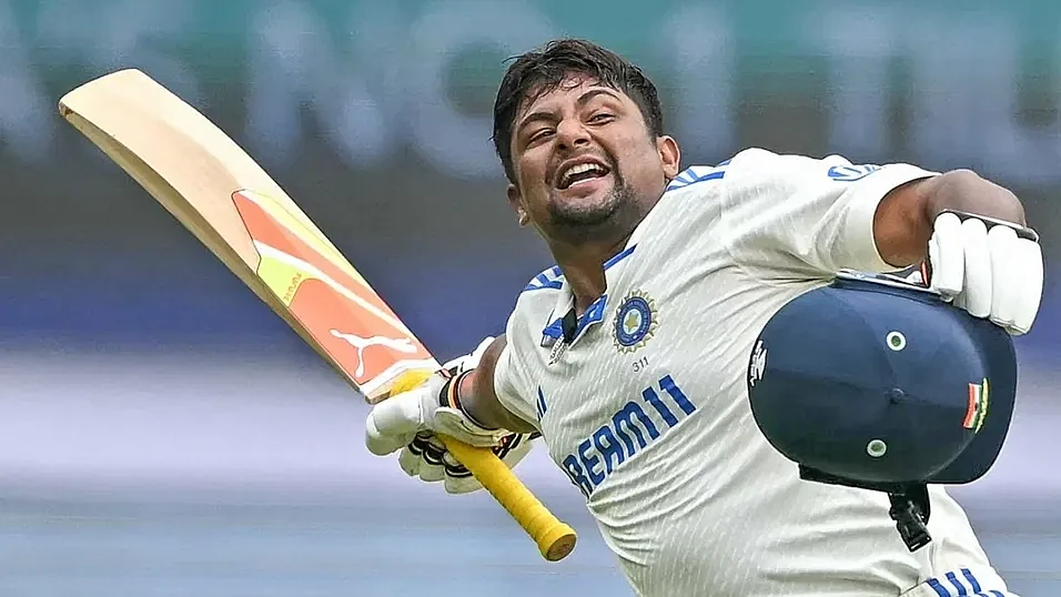 Take that! Sarfaraz Khan on reaching his century in Bengaluru (photo: @BCCI/X)