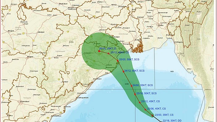 'Cone of uncertainty' for the projected path of Cyclone Dana, per the IMD 