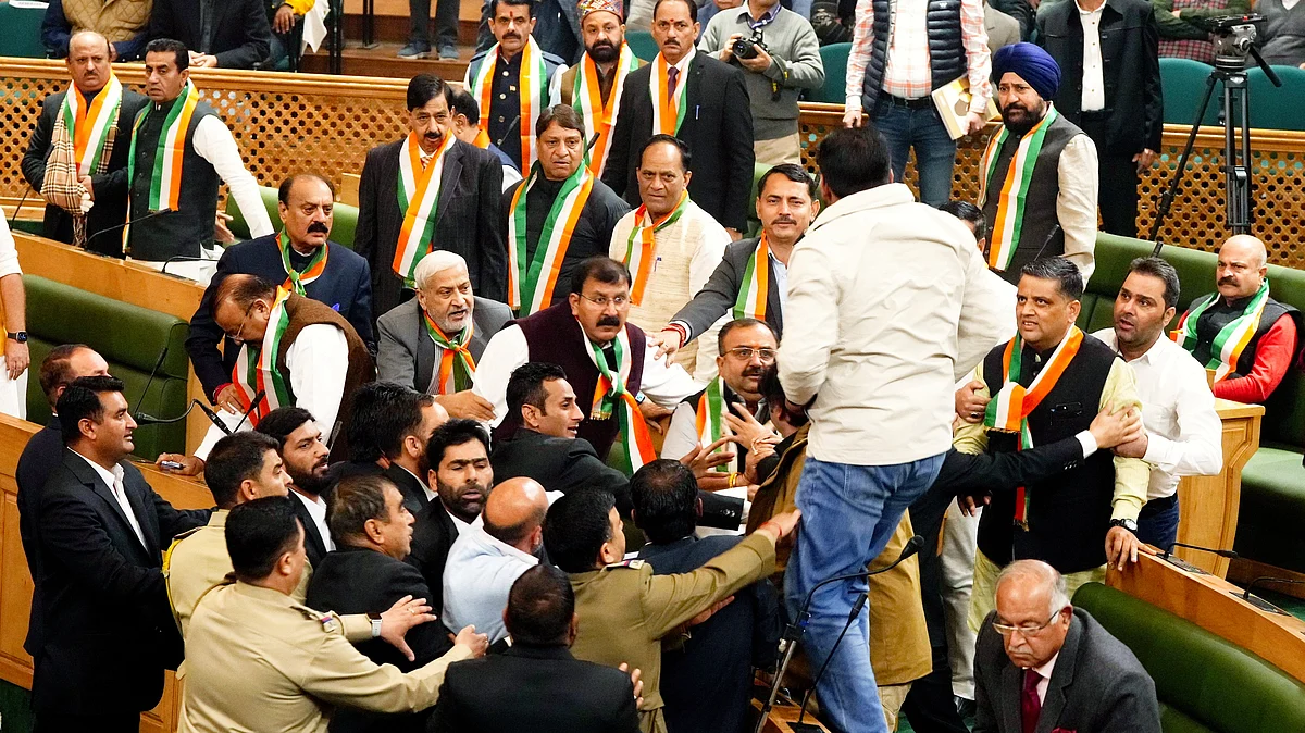 BJP MLAs protest the special status resolution in the assembly (photo: PTI)