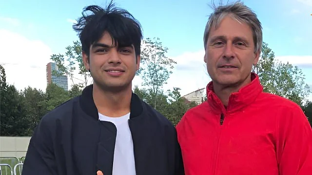 A file photo of a younger Neeraj Chopra with Jan Zelezny (photo: @IIS/X)