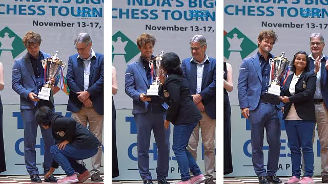Magnus Carlsen with Bristy Mukherjee on 17 November (photo: PTI)