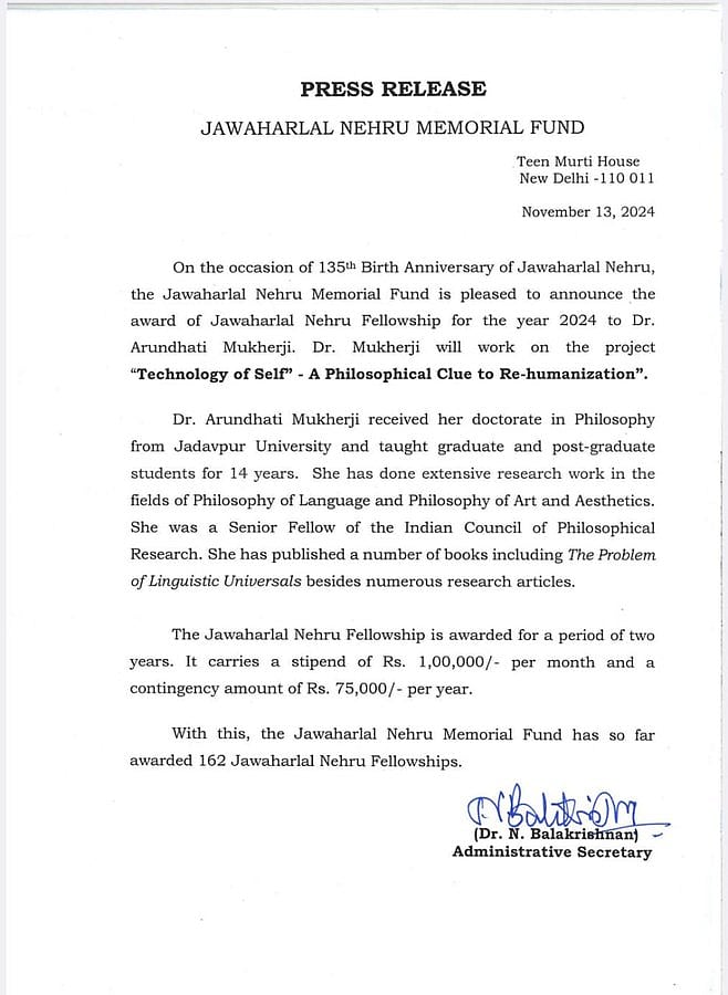 Grant of the Jawaharlal Nehru Fellowship to Dr Arundhati Mukherji