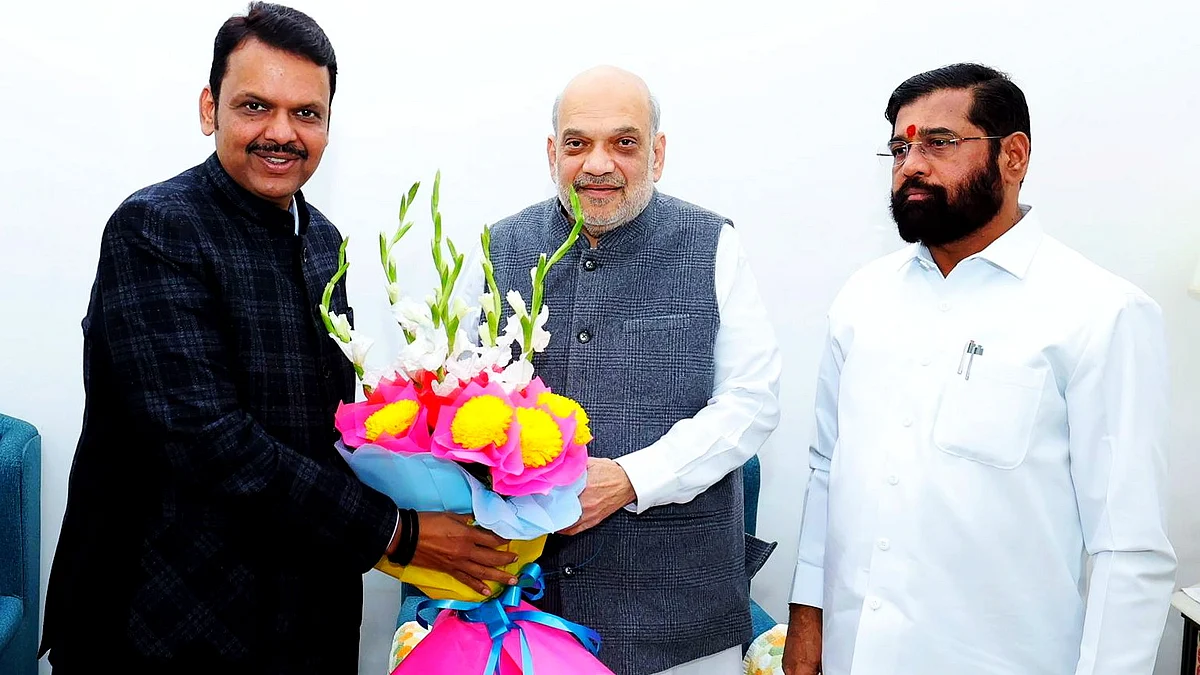 From left: Devendra Fadnavis, Amit Shah & Eknath Shinde in New Delhi (photo: PTI) 