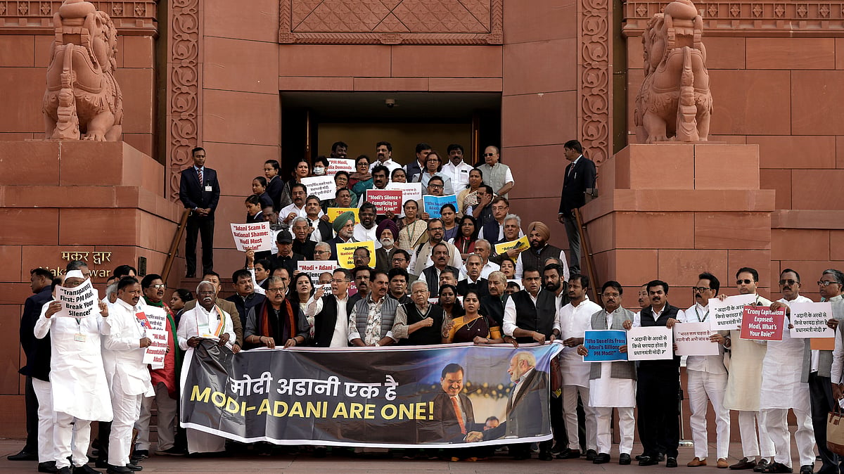 INDIA bloc MPs protest in Parliament complex over Adani issue