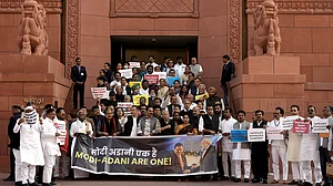 INDIA bloc MPs protest in Parliament complex over Adani issue