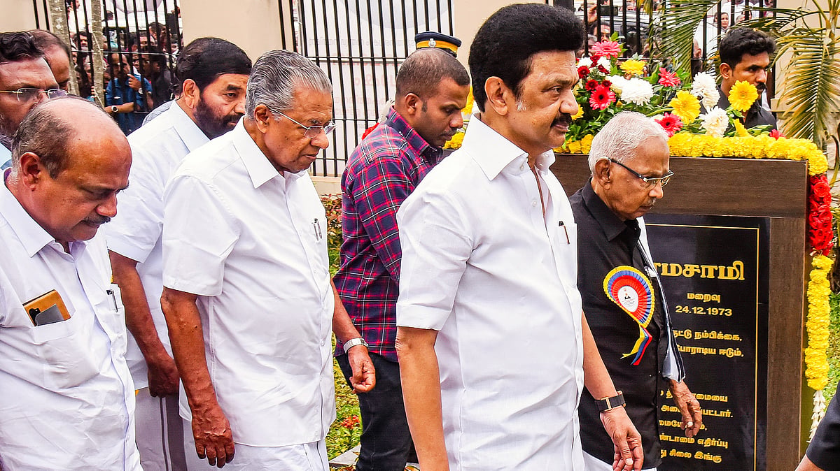 Stalin walks ahead of Kerala CM Pinarayi Vijayan (photo: PTI)