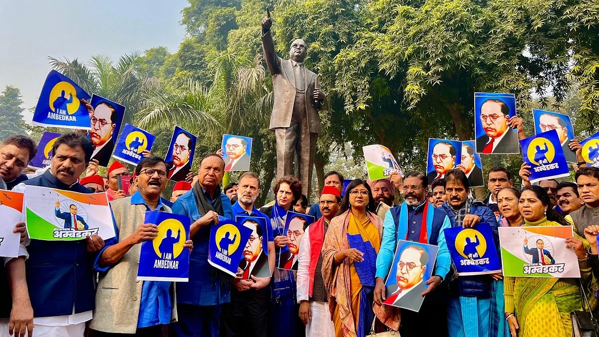 INDIA bloc gathers by B.R. Ambedkar statue outside parliament, with placards saying 'I am Ambedkar'
