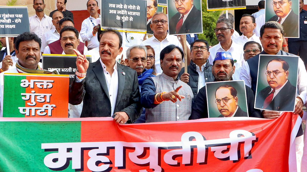 Congress members put Ambedkar’s photos on their desks in Maharashtra Assembly