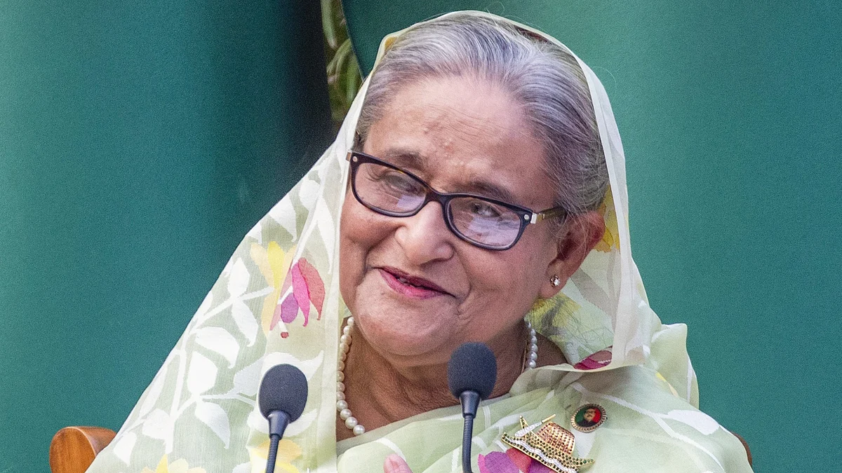 Sheikh Hasina speaks to media in Jan 2024 (file photo)