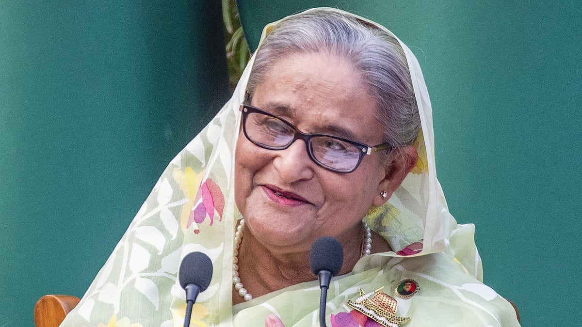Sheikh Hasina speaks to media in Jan 2024 (file photo)